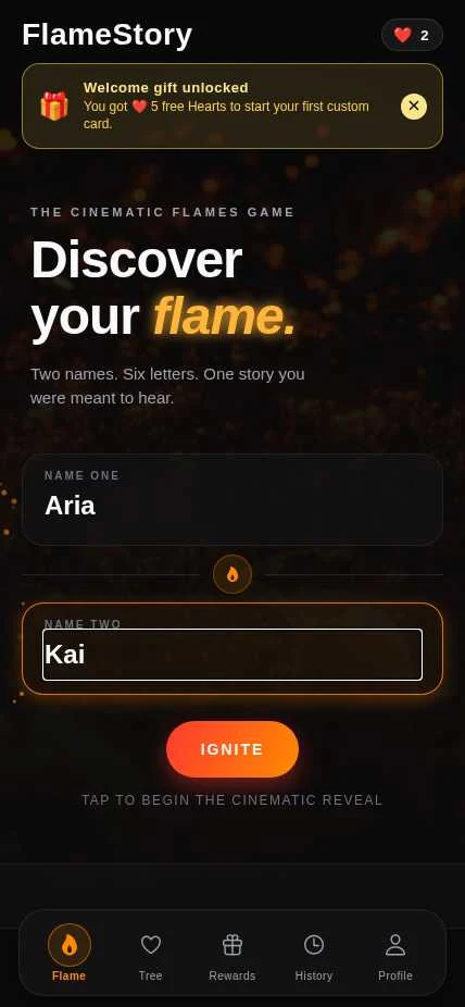 FLAMES letter animation screen