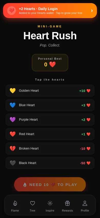 Heart Rush mini-game screen