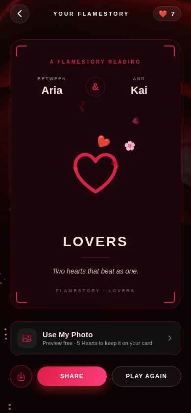 FlameStory lovers result screen